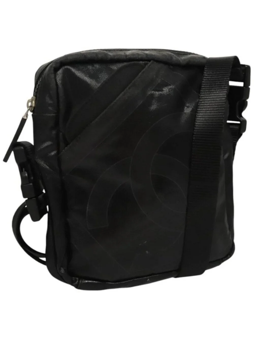 Authentic CHANEL Sports Shoulder Bag Coated Canvas Black CC